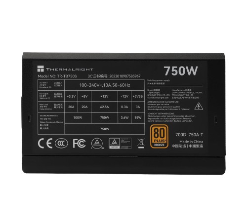 Блок питания 750W/ Power Supply Thermalright, 750W 80+ Bronze (ATX, 3.0, PCIe 5.0, Non-modular, 1x24(20+4)pin 550mm, 1xCPU*2 8(4+4)pin 600+150mm, 1xPCIe*2 8(6+2)pin 500+150mm, 1x12VHPWR PCIe 5.0 12+4pin 600mm, 1xSATA*3+MOLEX4pin*1 400+150+150+150mm, 1xSAT Блок питания 750W/ Power Supply Thermalright, 750W 80+ Bronze (ATX, 3.0, PCIe 5.0, Non-modular, 1x24(20+4)pin 550mm, 1xCPU*2 8(4+4)pin 600+150mm, 1xPCIe*2 8(6+2)pin 500+150mm, 1x12VHPWR PCIe 5.0 12+4pin 600mm, 1xSATA*3+MOLEX4pin*1 400+150+150+150mm, 1xSAT
