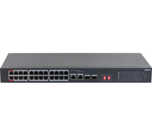 24-портовый неуправляемый коммутатор с РоЕ; Порты: 24 RJ45 10/100Мбит/с (PoE/PoE+/Hi-PoE) 2 комбинированных SFP/RJ45 10/100/1000Мбит/с (uplink); мощность PoE: порты 12 до 60Вт порты 324 до 30Вт суммарно до 240Вт; питание: 100240В(AC)