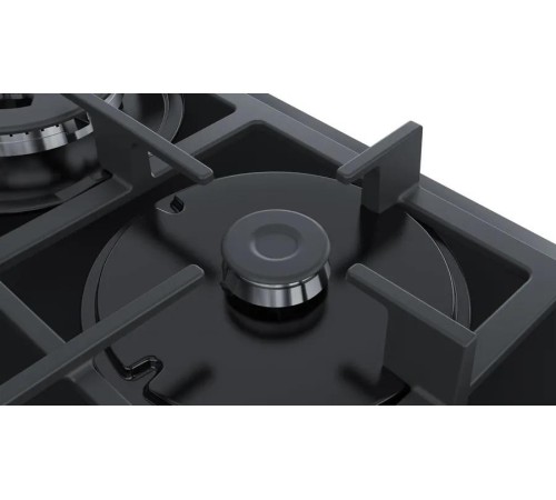 Встраиваемая газовая панель BOSCH Serie 4, газовая варочная панель, 60см, закаленное стекло, черный, 4 конфорки, 1 конфорка WOK c 2 контурами пламени, индивидуальные чугунные решетки, газ-контроль, автоматический электроподжиг, сделано в Испании