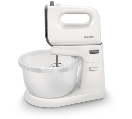 Миксер Philips/ 450 Вт, 5 скоростей + турбо режим, вращающаяся чаша, 3 л, венчики для взбивания, крюки для теста, белый/серый Миксер Philips/ 450 Вт, 5 скоростей + турбо режим, вращающаяся чаша, 3 л, венчики для взбивания, крюки для теста, белый/серый