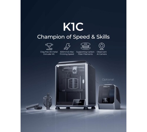 3D принтер Creality K1C, размер печати 220х220х250mm, FDM, ABS/PLA/PETG/PET/TPU/PA/ASA/PC/PLA-CF/PA-CF/PET-CF, USB/WiFi, 350Вт