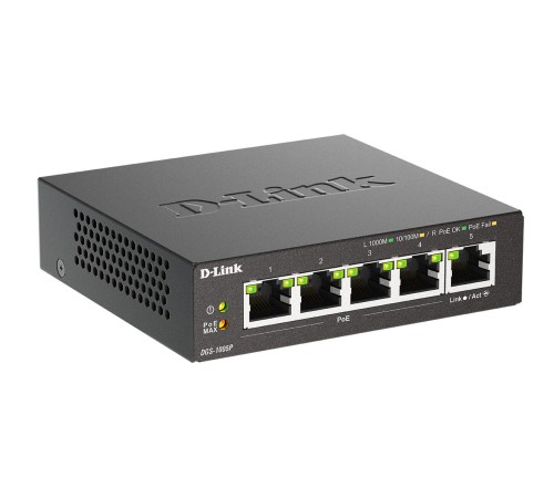 Коммутатор/ Неуправляемый PoE-коммутатор, 5x1000Base-T (4x1000Base-T PoE), PoE-бюджет 60 Вт, корпус металл