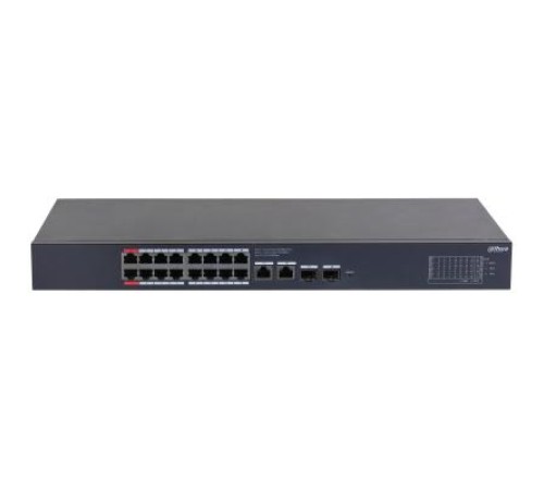 Коммутатор DAHUA 16-портовый гигабитный PoE коммутатор с функцией облачного управления Порты: 16 RJ45 10/100/1000Мбит/с (PoE/PoE+/Hi-PoE),  2 RJ45 10/100/1000Мбит/с (uplink), 2 SFP 1000Мбит/с (uplink); мощность