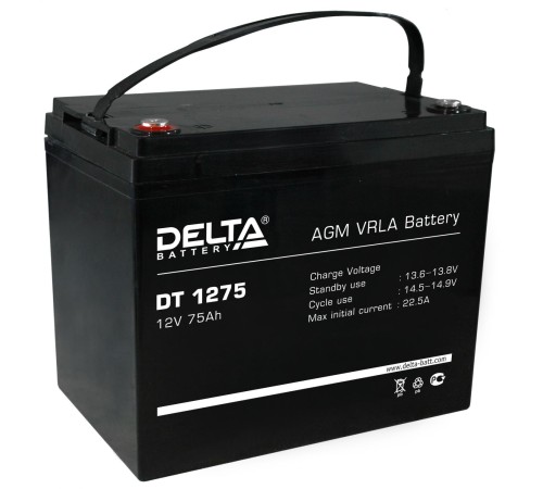 Батарея DELTA серия DT, DT 1275, напряжение 12В, емкость 75Ач (разряд 20 часов),  макс. ток разряда (5 сек.) 870А, макс. ток заряда 22.5А, свинцово-кислотная типа AGM, клеммы под болт М6, ДxШxВ 260х168х211мм., вес 21.5кг., срок службы 7-10 лет./ Battery D