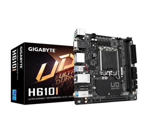 Материнская плата GIGABYTE H610I, LGA1700, H610, 2*DDR5, 4*SATA, 1*M.2, 2*USB 3.2, 4*USB 2.0, 1*PCIx16, 2*DP+D-Sub+HDMI, mITX