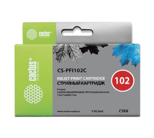 -/ Картридж струйный Cactus CS-PFI102C синий (130мл) для Canon IP iPF500/iPF600/iPF700/ MFP M40/iPF765/