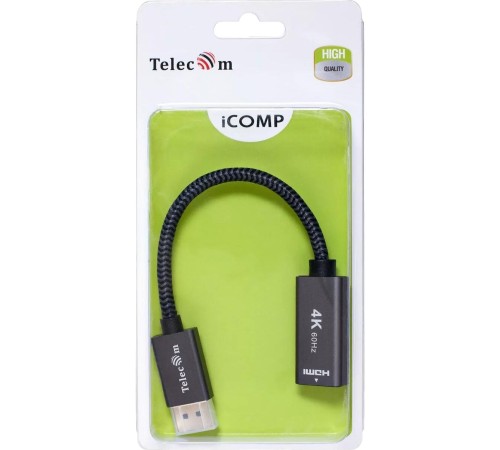 Кабель/ Кабель-переходник DP --> HDMI-F 0.2m , серый металлик, оплетка, 4K@60Hz, Telecom (TA560)