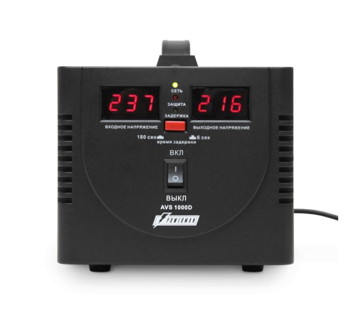Стабилизатор POWERMAN AVS 1000D, черный, ступенчатый регулятор, цифровые индикаторы уровней напряжения, 1000ВА, 140-260В, максимальный входной ток 7А, 2 евророзетки, IP-20, напольный, 200мм х 150мм х 140мм, 2,3 кг./ Stabilizer POWERMAN AVS 1000D, black, Стабилизатор POWERMAN AVS 1000D, черный, ступенчатый регулятор, цифровые индикаторы уровней напряжения, 1000ВА, 140-260В, максимальный входной ток 7А, 2 евророзетки, IP-20, напольный, 200мм х 150мм х 140мм, 2,3 кг./ Stabilizer POWERMAN AVS 1000D, black,