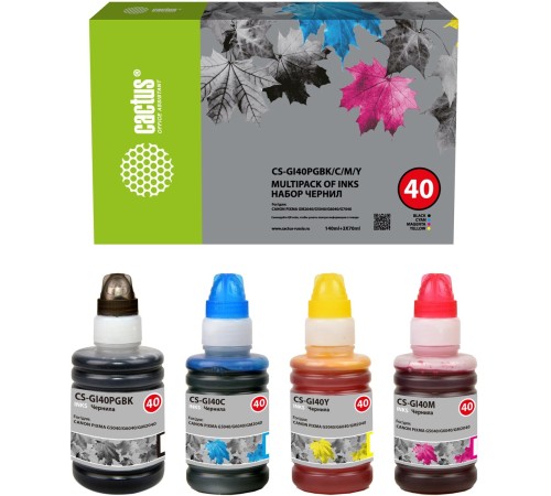 -/ Чернила Cactus CS-GI40PGBK/C/M/Y голубой/пурпурный/желтый/черный набор350мл для Canon Pixma G5040/G6