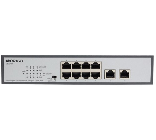 Коммутатор ORIGO Неуправляемый PoE-коммутатор, 8x1000Base-T PoE, 2x1000Base-T, PoE-бюджет 120 Вт, PoE до 250 м, комплект для установки в 19" стойку