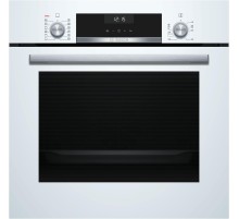 Встраиваемая электрическая духовка BOSCH Serie 6, Духовой шкаф с паровой чашей, белый, 8 режимов, 2-х слойное остекление, цифровый дисплей, утапливаемые переключатели, галогенное освещение, 10 автоматических программ, очистка паром Cleaning Assistant, две
