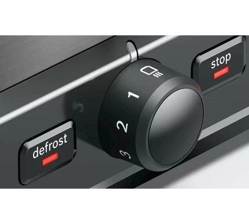 Тостер Bosch/ Тостер Bosch, 2 отделения, 7 уровней прожарки, электромеханическое управление, поддон для крошек, мощность 970 Вт, функция разморозки, подогрев, КНОПКА "Stop", цвет графитовый/черный