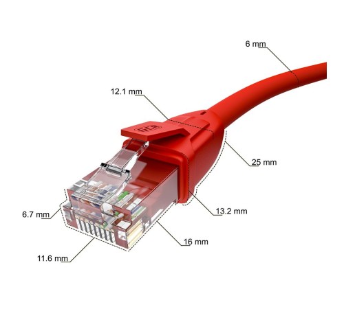 GCR Патч-корд прямой 5.0m UTP кат.6, красный, 24 AWG, литой, ethernet high speed, RJ45, T568B