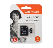 Карта памяти microSD GoPower 4GB Class10 15 МБ/сек V10 с адаптером