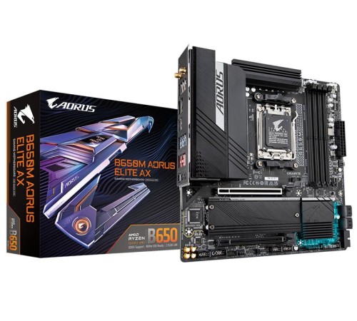 Материнская плата GIGABYTE B650M AORUS ELITE AX, AM5, B650, 4*DDR5, 4*SATA, 2*M.2, 7*USB 3.2, 4*USB 2.0, Type-C, 1*PCIx16, 1*PCIx1, DP+HDMI, mATX