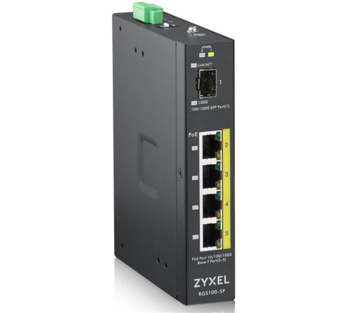 Коммутатор/ ZYXEL RGS100-5P, 5  Port unmanaged PoE Switch, 120 Watt PoE, DIN Rail, IP30, 12-58V DC