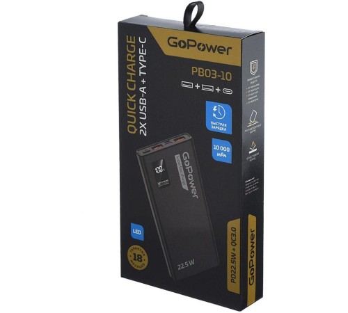 Внешний аккумулятор/ Внешний аккумулятор GoPower PB03-10 10000mAh 3.0A 22.5W 2USB/Type-C черный (1/50) Внешний аккумулятор/ Внешний аккумулятор GoPower PB03-10 10000mAh 3.0A 22.5W 2USB/Type-C черный (1/50)