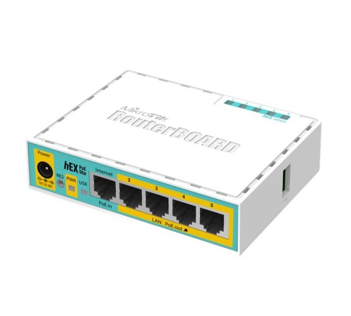 Маршрутизатор MikroTik hEX PoE lite with 650MHz CPU, 64MB RAM, 5xLAN (four with PoE out), USB, RouterOS L4, plastic case and PSU (незначительное повреждение коробки)