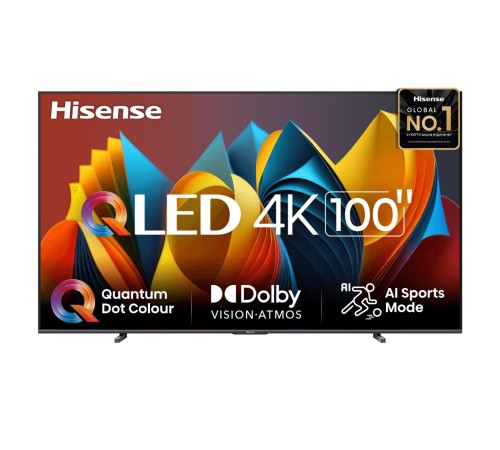 Телевизор ЖК 100'' Hisense/ 100", QLED, Local Dimming, Ultra HD, Smart TV (ОС VIDAA U7.6), Wi-Fi, DVB-T2/T/C/S2/S, 144Hz Game Mode PRO, FreeSync Premium, HDR10+, 2.1ch 2х15W+20W, CI+(1.4), 4хHDMI, 2хUSB, Dark grey