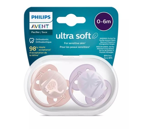 Пустышка ultra soft, слоник/пальмы, 0-6 мес., 2 шт.