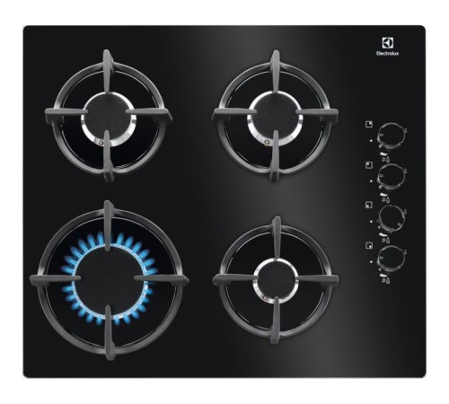 Встраиваемые газовые панели ELECTROLUX/ Газовая варочная поверхность, газ на стекле, 4 индивидуальных чугунных держателя, газконтроль варочной поверхности, интегрированный автоподжиг варочной поверхности, боковое управление