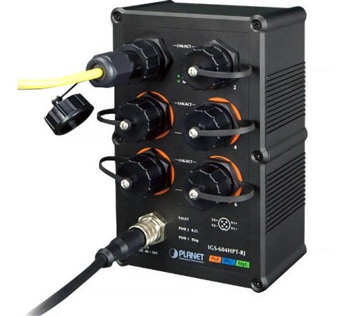 коммутатор/ PLANET IP67-rated Industrial L2+ 4-Port 10/100/1000T 802.3at PoE + 2-Port 10/100/1000T Managed Ethernet Switch(-40~75 degrees C), ERPS Ring, 1588,  6 x waterproof RJ45 connectors included