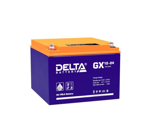 Батарея DELTA серия GX, GX 12-24, напряжение 12В, емкость 24Ач (разряд 20 часов),  макс. ток разряда (5 сек.) 300А, макс. ток заряда 4.76А, свинцово-кислотная типа GEL, клеммы под болт М5, ДxШxВ 166х175х125мм., вес 8.3кг., срок службы 15 лет./ Battery DEL