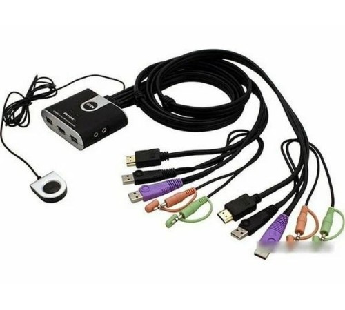 2-портовый KVM-переключатель со встроенными  KVM кабелями (1,2м), 1 user(HDMI(Female)+2xAudio(Female)+2xUSB(Тип А Female), KVM-порты:(HDMI(Male)+2xAudio(Male)+2xUSB(Тип A Male). Поддержка до (1920 x 1200) 1080p. Звук 2.1/ PETITE 2 PORT USB2.0 HDMI KVM SWI