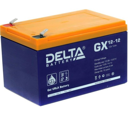 Батарея DELTA серия GX, GX 12-12, напряжение 12В, емкость 12Ач (разряд 20 часов),  макс. ток разряда (5 сек.) 180А, макс. ток заряда 2.3А, свинцово-кислотная типа GEL, клеммы F2, ДxШxВ 151х98х95мм., вес 3.67кг., срок службы 15 лет./ Battery DELTA series G