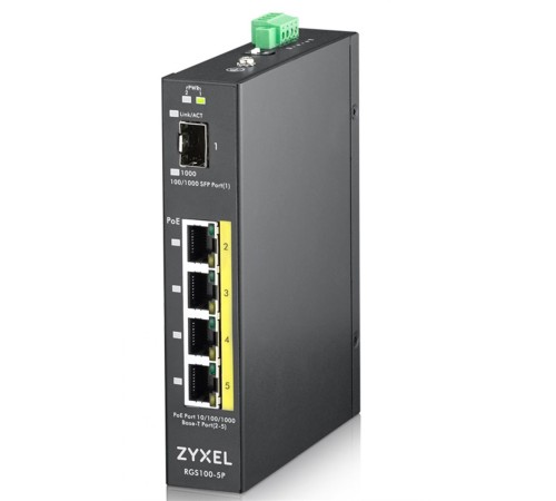 Коммутатор/ ZYXEL RGS100-5P, 5  Port unmanaged PoE Switch, 120 Watt PoE, DIN Rail, IP30, 12-58V DC