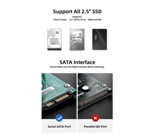 Внешний корпус для диска HDD/SSD Netac WH11 2.5 SATA to USB3.0 External HDD/SSD Case, Slide Transparent Cover, with USB3.0 A to B cable