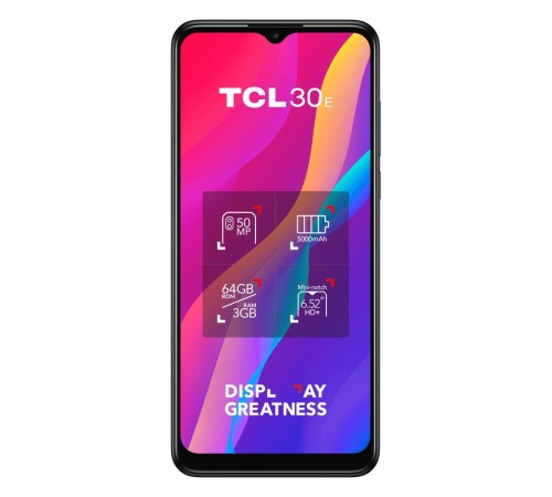 TCL 30E Grey, 16,56 см (6.52") 20:9 720x1600, 4x1,8 ГГц+4x1,5 ГГц, 8 Core, 3GB RAM, 64GB, up to 512GB flash, 50 МП + 2 МП/5Mpix, 2 Sim, 2G, 3G, LTE, BT v5.0, Wi-Fi, NFC, GPS, Type-C, 5000mAh, Android 12, 190g, 165,2 ммx75,5 ммx8,9 мм