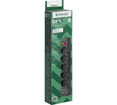 Сетевой фильтр Defender DFS 751 1,8 м, 5 розеток, 2xUSB, 2.1A Сетевой фильтр Defender DFS 751 1,8 м, 5 розеток, 2xUSB, 2.1A