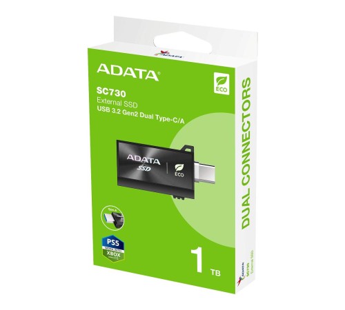 Твердотельный накопитель/ ADATA External SSD SC730, 1000GB, Type-C, Type-A, USB 3.2 Gen2, R/W 600/600 MB/s, 36.8x23.8x9.7mm, Black (5 лет)