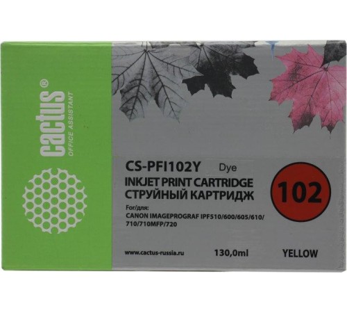 -/ Картридж струйный Cactus CS-PFI102Y желтый (130мл) для Canon IP iPF500/iPF600/iPF700/MFP M40/iPF765/