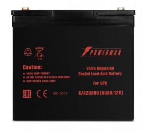 Батарея POWERMAN Battery CA12500, напряжение 12В, емкость 50Ач, макс. ток разряда 500А, макс. ток заряда 15А, свинцово-кислотная типа AGM, тип клемм M1, Д/Ш/В В229/138/208, 16.2 кг./ Battery POWERMAN Battery CA12500, voltage 12V, capacity 50Ah, max. disch Батарея POWERMAN Battery CA12500, напряжение 12В, емкость 50Ач, макс. ток разряда 500А, макс. ток заряда 15А, свинцово-кислотная типа AGM, тип клемм M1, Д/Ш/В В229/138/208, 16.2 кг./ Battery POWERMAN Battery CA12500, voltage 12V, capacity 50Ah, max. disch