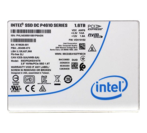 Твердотельный накопитель/ Intel SSD DC P4610 Series, 1.6TB, U.2(2.5" 15mm), NVMe, PCIe 3.1 x4, TLC, R/W 3200/2080MB/s, IOPs 643 000/199 000, TBW 12250, DWPD 4 (12 мес.) Твердотельный накопитель/ Intel SSD DC P4610 Series, 1.6TB, U.2(2.5" 15mm), NVMe, PCIe 3.1 x4, TLC, R/W 3200/2080MB/s, IOPs 643 000/199 000, TBW 12250, DWPD 4 (12 мес.)