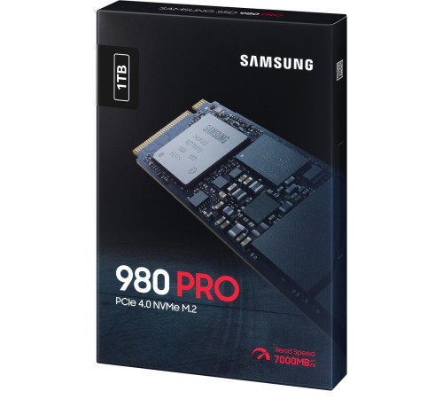Твердотельные накопители/ Samsung SSD 980 PRO, 1000GB, M.2(22x80mm), NVMe 1.3c, PCIe 4.0 x4, 3-bit MLC, R/W 7000/5000MB/s, IOPs 1 000 000/1 000 000, DRAM buffer 1024MB, TBW 600, DWPD 0.33 (12 мес.)