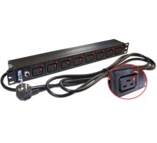 Блок розеток Блок розеток 19", 1-фазный без выключателя,16A / 250V, 8xC19 с фиксатором вилки, шнур 3.0 м, вилка Schuko