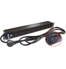 Блок розеток Блок розеток 19", 1-фазный без выключателя,16A / 250V, 8xC19 с фиксатором вилки, шнур 3.0 м, вилка Schuko