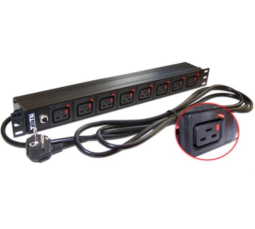 Блок розеток Блок розеток 19", 1-фазный без выключателя,16A / 250V, 8xC19 с фиксатором вилки, шнур 3.0 м, вилка Schuko