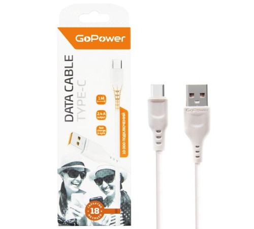Кабель/ Кабель GoPower GP01T USB (m)-Type-C (m) 1.0м 2.4A ПВХ белый (1/800)