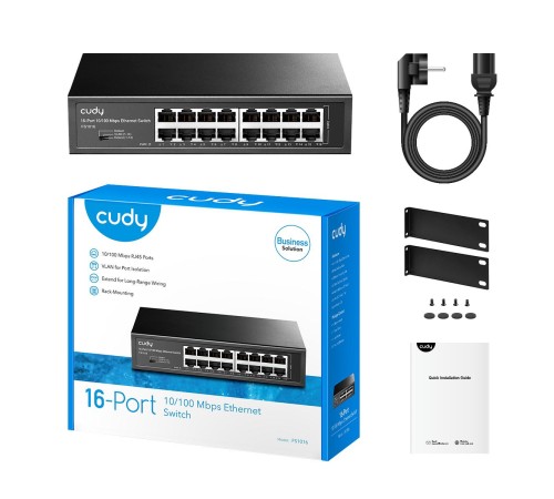 Коммутатор/ 16-Port 10/100 Mbps Switch, 16 10/100 Mbps RJ45 Ports, Switch/VLAN/Extend working mode DIP switch, Rack-mountable Steel Case, Power Saving, Plug & Play, Rack-Mount kits included