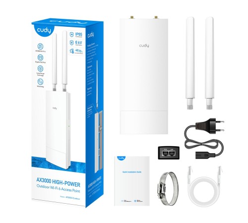 Точка доступа/ AX3000 High Power WiFi 6 Gigabit Outdoor Access Point, 2402Mbps at 5GHz + 574Mbps at 2.4GHz, 1 x Gigabit RJ45, 2 Detachable Antennas, 802.3at/802.3af PoE or 48V passive PoE, IP65 Waterproof, lightning protection, 48V passive PoE adapter inc Точка доступа/ AX3000 High Power WiFi 6 Gigabit Outdoor Access Point, 2402Mbps at 5GHz + 574Mbps at 2.4GHz, 1 x Gigabit RJ45, 2 Detachable Antennas, 802.3at/802.3af PoE or 48V passive PoE, IP65 Waterproof, lightning protection, 48V passive PoE adapter inc