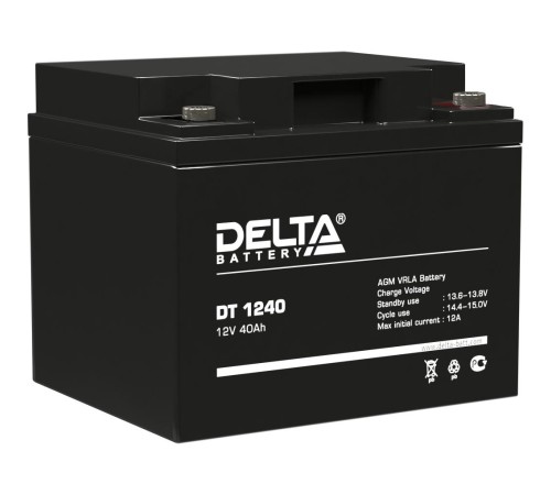 Батарея DELTA серия DT, DT 1240, напряжение 12В, емкость 40Ач (разряд 20 часов), макс. ток разряда (5 сек.) 530А, макс. ток заряда 12А, свинцово-кислотная типа AGM, клеммы под болт М6, ДxШxВ 196х166х173мм., вес 12.9кг., срок службы 7-10 лет./ Battery DEL Батарея DELTA серия DT, DT 1240, напряжение 12В, емкость 40Ач (разряд 20 часов), макс. ток разряда (5 сек.) 530А, макс. ток заряда 12А, свинцово-кислотная типа AGM, клеммы под болт М6, ДxШxВ 196х166х173мм., вес 12.9кг., срок службы 7-10 лет./ Battery DEL