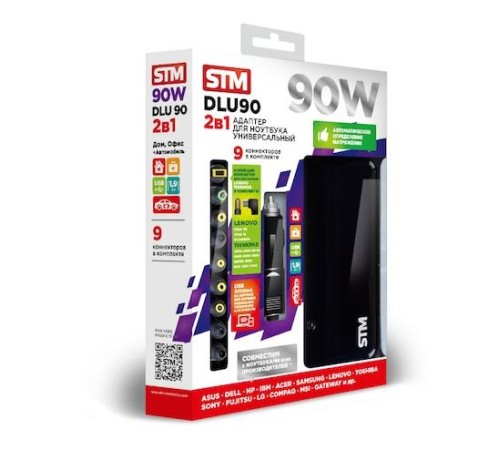 Универсальный адаптер для ноутбуков на 90Ватт/ NB Adapter STM Dual DLU90, 90W, EU AC power cord& Car Cigaratte Plug, USB(2.1A)