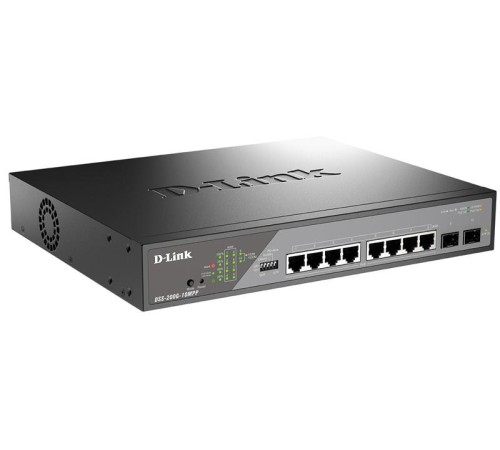 Коммутатор D-Link Настраиваемый L2 PoE-коммутатор, 8x1000Base-T PoE 802.3bt 90 Вт, 2x1000Base-X SFP, PoE-бюджет 242 Вт, дальность PoE до 250 м