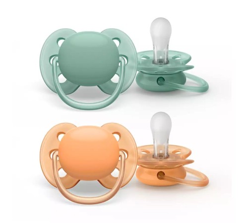 Пустышка ultra soft, нежно-зеленая/оранжевая без рисунка, 0-6 мес., 2 шт.