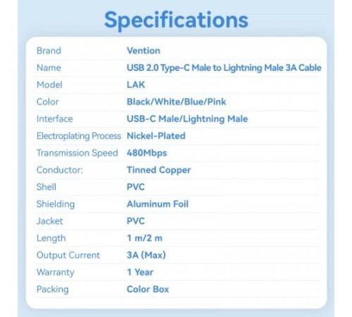 Кабель Vention USB 2.0 CM/Lightning 8M для iPad/iPhone 3A - 1м. Белый