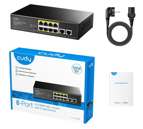 Коммутатор/ 8-Port 10/100M PSE RJ-45  +2 RJ45 10/100M Uplink Port Unmanaged PoE+ Switch 120W, CCTV/VLAN mode support, long distance:250M at CCTV mode.  802.3af/at standard, Support PD Alive Function, ±4 KV Surge Protection, Alternative 1/2(+),3/6(-),Steel